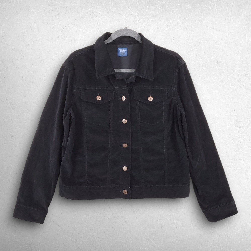 Jockey Person to Person Velvet Trucker Jacket Women M Black Goth Dark Academia